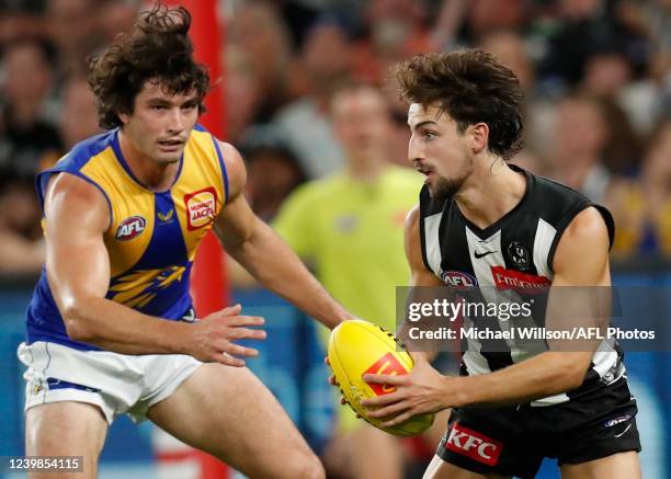 Josh Daicos of the Magpies in action during the 2022 AFL Round 04 match between the Collingwood Magpies and the West Coast Eagles at Marvel Stadium...