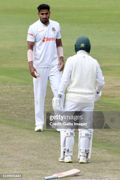 Khaled Ahmed of Bangladesh and Kyle Verreynne of the Proteas have words during day 2 of the 2nd ICC WTC2 Betway Test match between South Africa and...