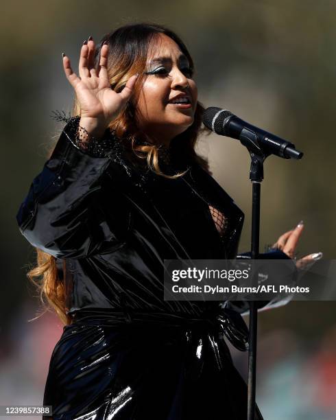 Jessica Mauboy performs during the 2022 AFLW Grand Final match between the Adelaide Crows and the Melbourne Demons at Adelaide Oval on April 09, 2022...