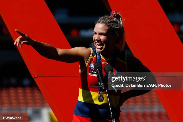 Anne Hatchard of the Crows speaks after winning the best on ground medal during the 2022 AFLW Grand Final match between the Adelaide Crows and the...