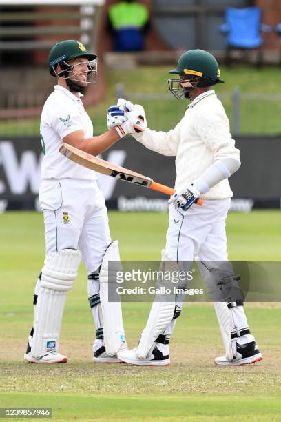 Waain Mulder of the Proteas celebrates Keshav Maharaj of the Proteas 50 run with him during day 2 of the 2nd ICC WTC2 Betway Test match between South...