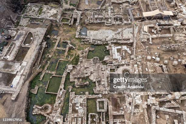 An aerial view of excavation site during ongoing excavations at historical Haydarpasa train station and its surroundings in Istanbul, Turkiye on...