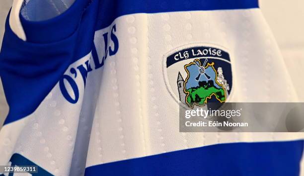 Laois , Ireland - 8 April 2022; A detailed view of the Laois jersey after a Laois Hurling Squad Portraits session at Laois Centre of Excellence in...
