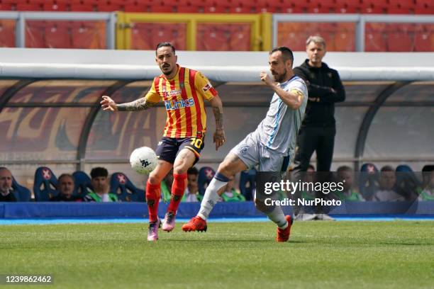 Francesco Di Mariano and Marco Mancosu during the Italian soccer Serie B match US Lecce vs SPAL on April 09, 2022 at the Stadio Via del Mare in...