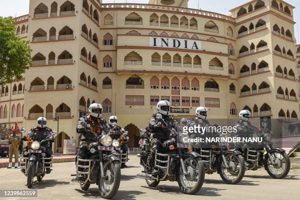 Indian Border Security Forces Divyang Yodhas or personnel who suffered disability in various operations, ride their Royal Enfield motorcycles in a...
