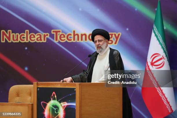 Iranian President Ebrahim Reisi makes a speech during his visit to an exhibition organized by the Atomic Energy Agency of Iran on the occasion of the...