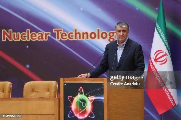 Mohammad Eslami, Head of the Atomic Energy Organization of Iran , makes a speech during an exhibition organized by AEOI on the occasion of the...