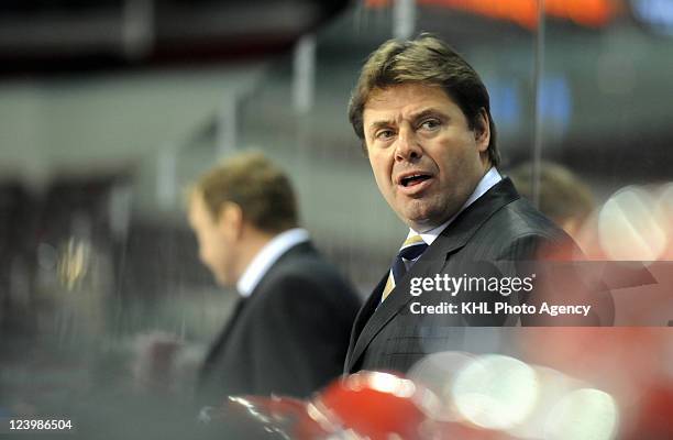 Head Coach Brad McCrimmon of the Lokomotiv Yaroslavl looks on during the game against the Neftekhimik Nizhnekamsk during the Latvian Railway Cup...