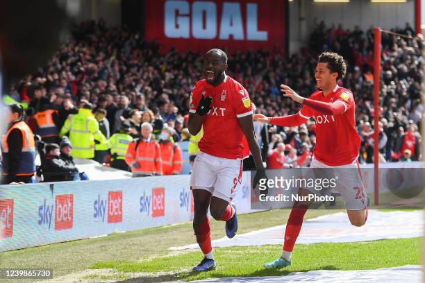 Keinan Davis of Nottingham Forest celebrates after scoring a goal to make it 1-0 during the Sky Bet Championship match between Nottingham Forest and...