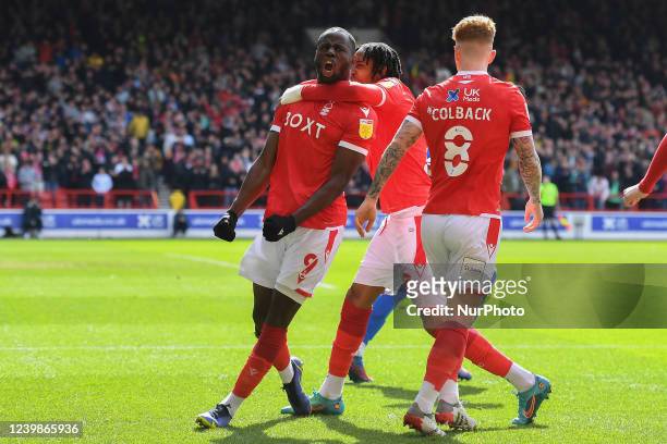 Keinan Davis of Nottingham Forest shoots and scores a goal to make it 1-0 during the Sky Bet Championship match between Nottingham Forest and...