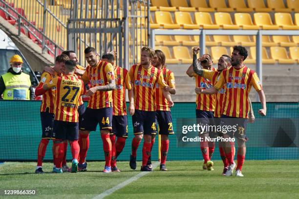 Lecce celebrates after scoring a goal during the Italian soccer Serie B match US Lecce vs SPAL on April 09, 2022 at the Stadio Via del Mare in Lecce,...