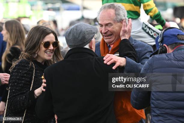 Owner of the winner and father of the jockey Jockey Sam Whaley-Cohen, Robert Whaley-Cohen reacts in the winner's enclosure after Noble Yeats wins in...