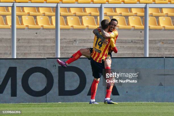 Thorir Johann Helgason and Francesco Di Mariano celebrates after scoring a goal of 1-0 during the Italian soccer Serie B match US Lecce vs SPAL on...