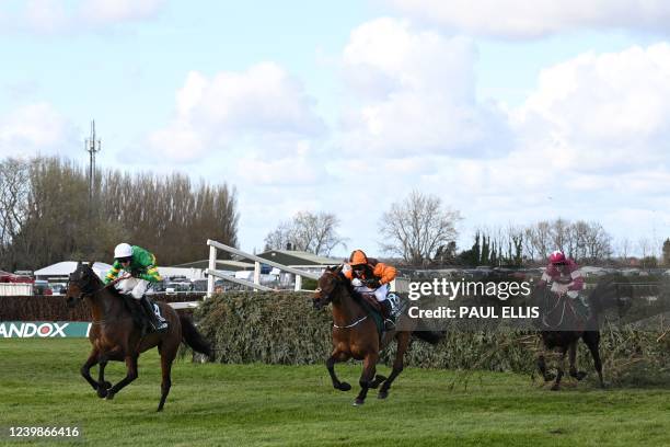 Eventual winner Noble Yeats ridden by jockey Sam Waley-Cohen , runner-up Any Second Now ridden by jockey Mark Walsh and third placed Delta Work...