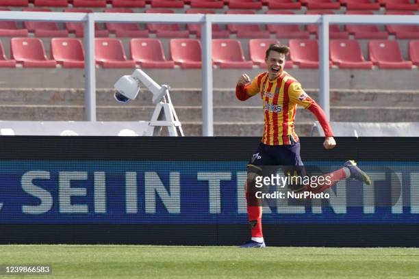 Thorir Johann Helgason celebrates after scoring a goal of 1-0 during the Italian soccer Serie B match US Lecce vs SPAL on April 09, 2022 at the...