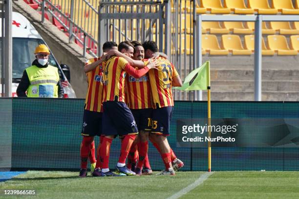 Lecce celebrates after scoring a goal during the Italian soccer Serie B match US Lecce vs SPAL on April 09, 2022 at the Stadio Via del Mare in Lecce,...