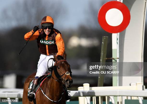 First-placed Noble Yeats riden by jockey Sam Waley-Cohen celebrates winning the Grand National Steeple Chase on the final day of the Grand National...