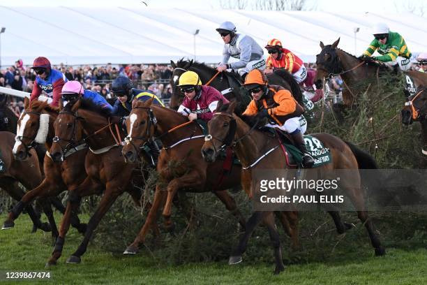 Eventual winner Noble Yeats ridden by jockey Sam Waley-Cohen , rides away from The Chair in the Grand National Steeple Chase on the final day of the...