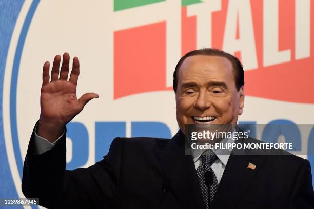 Former Italian Prime Minister and leader of the Forza Italia party Silvio Berlusconi gestures during a rally in Rome on March 9, 2022.