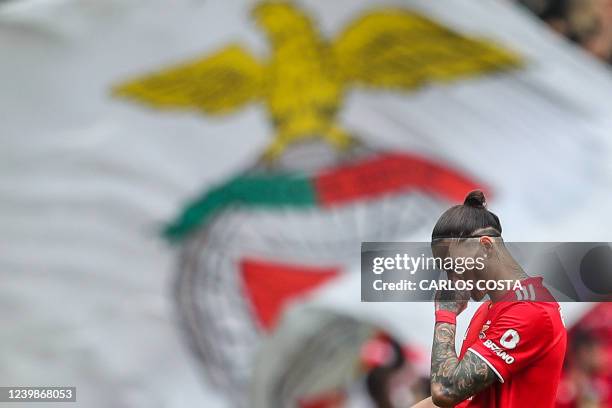 Benfica's Uruguayan forward Darwin Nunez celebrates after scoring a goal during the Portuguese league football match between SL Benfica and...