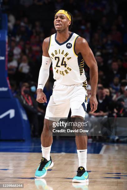 Buddy Hield of the Indiana Pacers celebrates during the game against the Philadelphia 76ers on April 9, 2022 at the Wells Fargo Center in...
