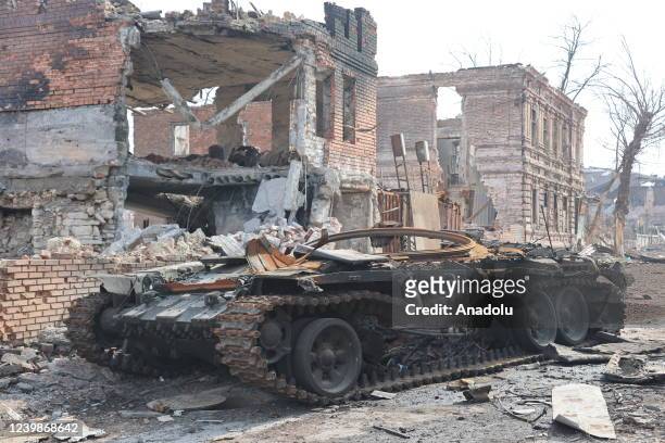 View of a destroyed armored vehicle during ongoing conflicts in the city of Mariupol under the control of the Russian military and pro-Russian...