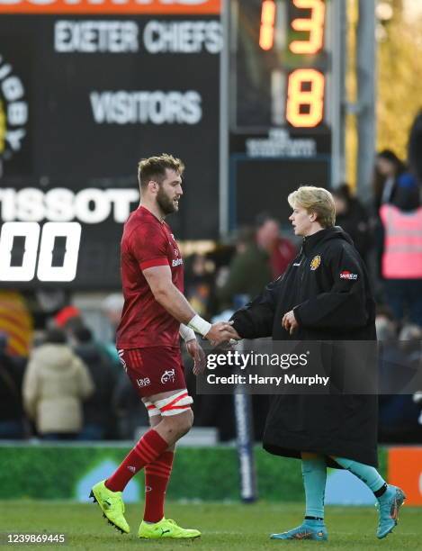 Devon , United Kingdom - 9 April 2022; Jason Jenkins of Munster, left, and Josh Hodge of Exeter Chiefs after the Heineken Champions Cup Round of 16...