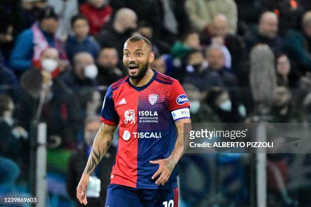 Cagliari's Brazilian midfielder Joao Pedro Galvao celebrates after scoring his team's first goal during the Italian Serie A football match between...