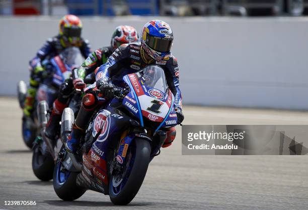 Riders are seen in action during the race of the 2022 MOTUL FIM Superbike World Championship at the Pirelli Aragon Round from the MotorLand Aragon...