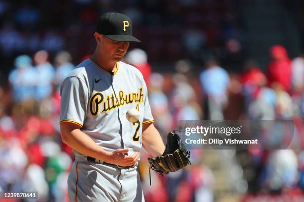 Mitch Keller of the Pittsburgh Pirates reacts after giving up a two-run home run against the St. Louis Cardinals in the third inning at Busch Stadium...