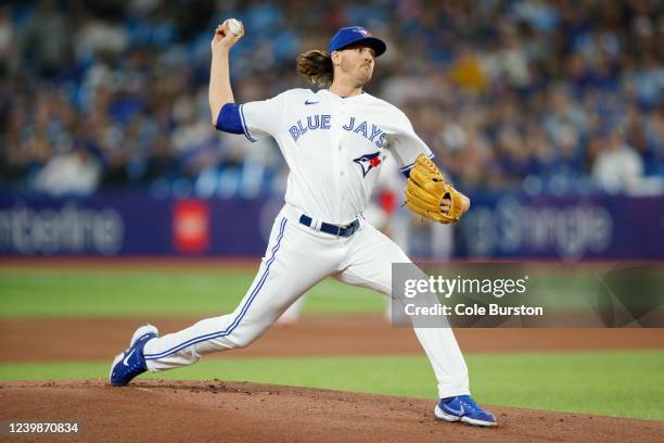 Kevin Gausman of the Toronto Blue Jays pitches during the first inning of their game against the Texas Rangers at Rogers Centre on April 9, 2022 in...