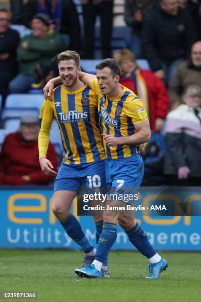 Shaun Whalley of Shrewsbury Town celebrates after scoring a goal to make it 1-1 with Josh Vela of Shrewsbury Town during the Sky Bet League One match...