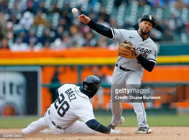 April 9: Shortstop Leury Garcia of the Chicago White Sox turns the ball after getting a force out on Javier Baez of the Detroit Tigers during the...