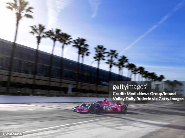 Long Beach, CA Indycar driver Alexeander Rossi makes the turn onto Seaside Way from Pine Avenue during practice for the 47th annual Acura Grand Prix...