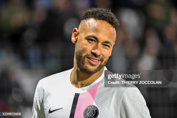 Paris Saint-Germain's Brazilian forward Neymar reacts during the French L1 football match between Clermont Foot 63 and Paris Saint-Germain at the...