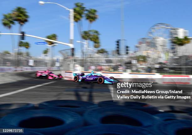 Long Beach, CA Indycar driver Rinus Veekay makes the turn onto Pine Avenue during practice for the 47th annual Acura Grand Prix of Long Beach on...