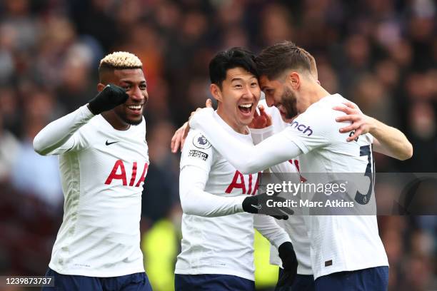 Son Heung-min of Tottenham Hotspur celebrates scoring his first goal with Rodrigo Bentancur and Emerson Royal during the Premier League match between...