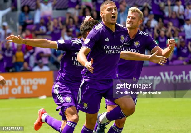 Orlando City forward Ercan Kara celebrates scoring a goal during the MLS soccer match between the Orlando City SC and Chicago Fire on April 9, 2022...