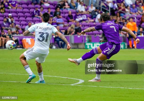 Orlando City forward Alexandre Pato shoots the ball during the MLS soccer match between the Orlando City SC and Chicago Fire on April 9, 2022 at...