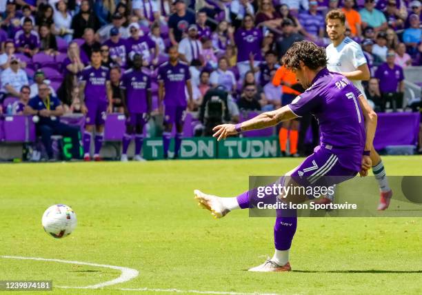 Orlando City forward Alexandre Pato shoots the ball during the MLS soccer match between the Orlando City SC and Chicago Fire on April 9, 2022 at...