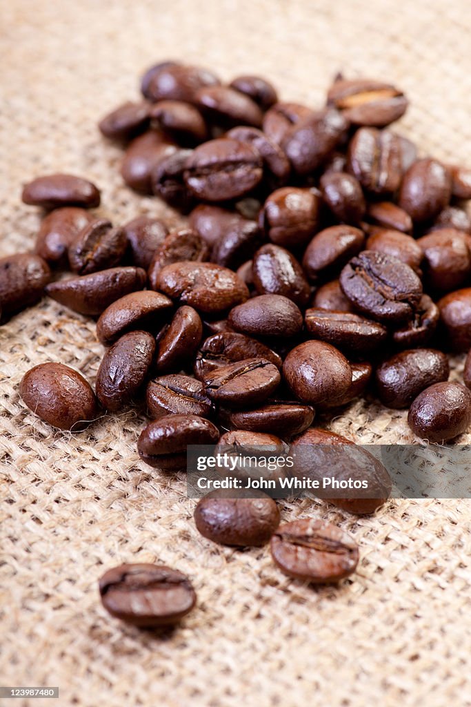 Roasted coffee beans on hessian bag