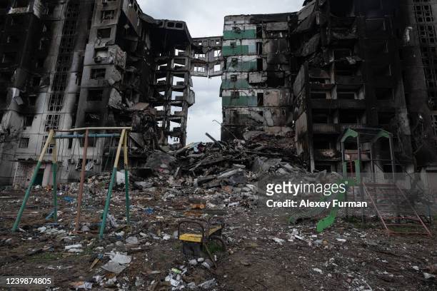 Playground is seen next to a destroyed apartment building on April 9, 2022 in Borodianka, Ukraine. The Russian retreat from towns near Kyiv has...