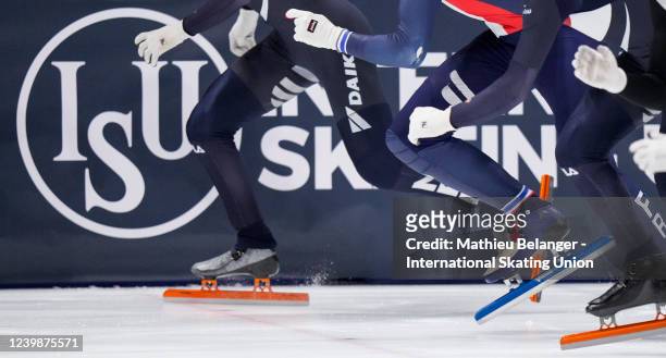 Skaters get ready to start during the 1500m race at the World Short Track Speed Skating Championships at Maurice Richard Arena on April 9, 2022 in...