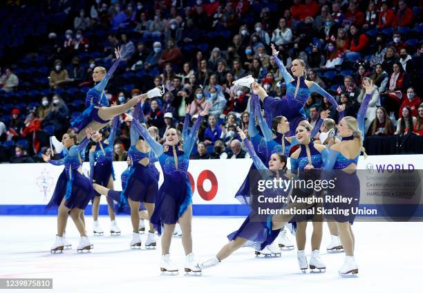 Team Helsinki Rockettes compete in the Free Program during the ISU World Synchronized Skating Championships at FirstOntario Centre on April 09, 2022...