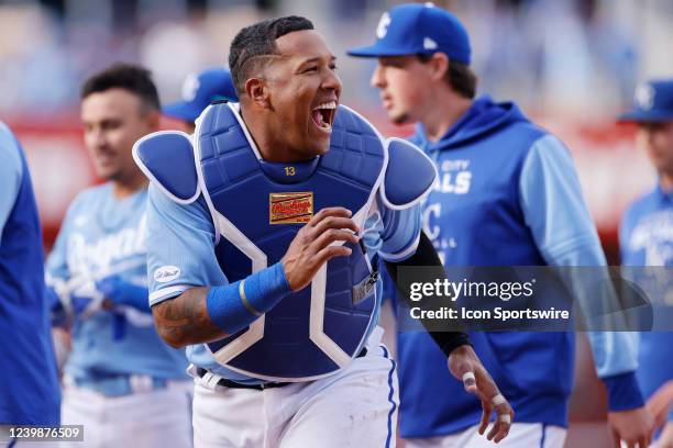 Kansas City Royals catcher Salvador Perez celebrates after a walk-off win in the 10th inning of an MLB game against the Cleveland Guardians on April...