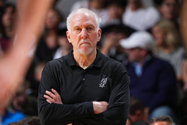 Head Coach Gregg Popovich of the San Antonio Spurs looks on during the game against the Golden State Warriors on April 9, 2022 at the AT&T Center in...