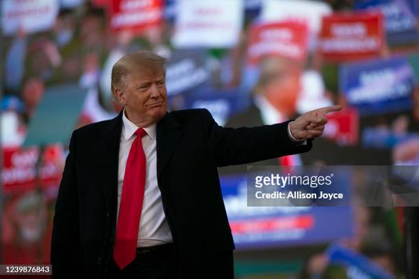Former U.S. President Donald Trump speaks at a rally at The Farm at 95 on April 9, 2022 in Selma, North Carolina. The rally comes about five weeks...