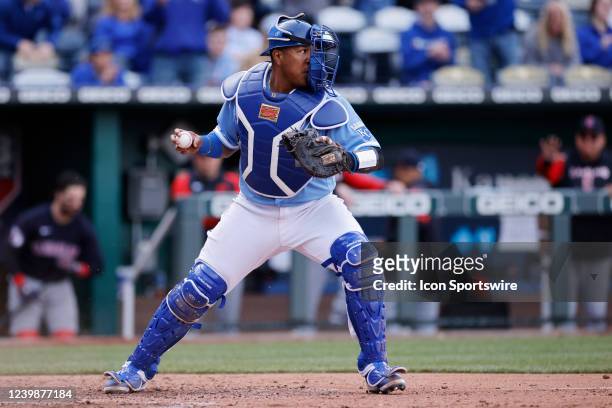 Kansas City Royals catcher Salvador Perez works behind the plate during an MLB game against the Cleveland Guardians on April 9, 2022 at Kauffman...