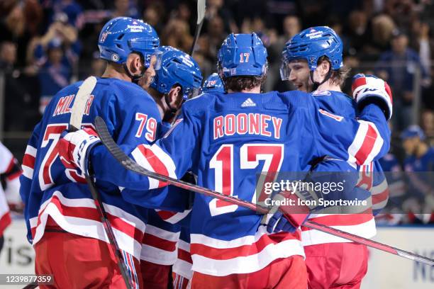 The New York Rangers celebrate a goal during the second period of the National Hockey League game between the Ottawa Senators and the New York...