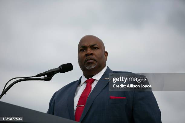 Lt. Gov. Mark Robinson speaks before a rally for former U.S. President Donald Trump at The Farm at 95 on April 9, 2022 in Selma, North Carolina. The...